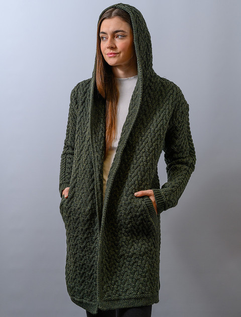 Ladies Herringbone Design Shawl Hood - Solid Green