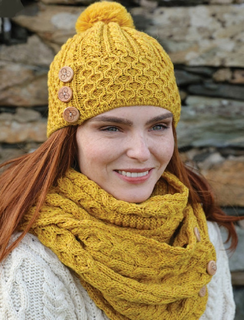 Aran Snood Scarf with Buttons - Sunflower Yellow