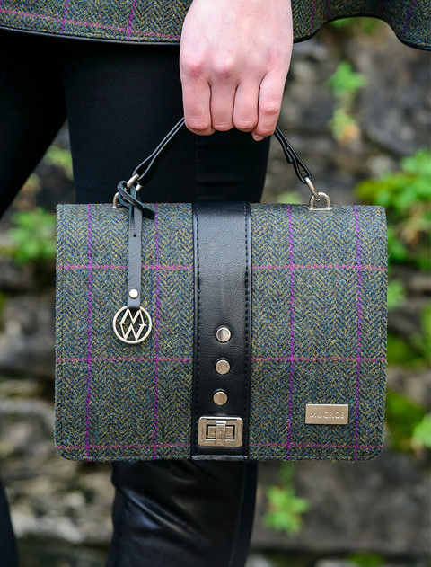 Fiona Tweed & Leather Bag - Navy Green & Brown