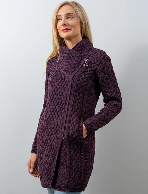 Cable Knit Coatigan with Celtic Knot Side Zip - Damson
