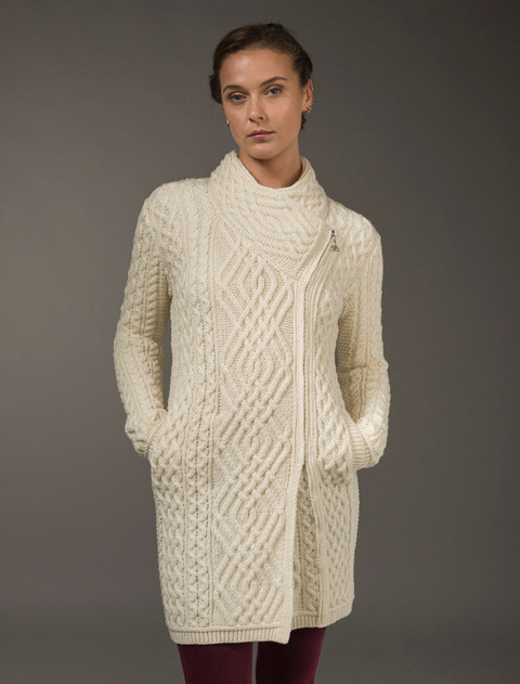 Cable Knit Coatigan with Celtic Knot Side Zip - White