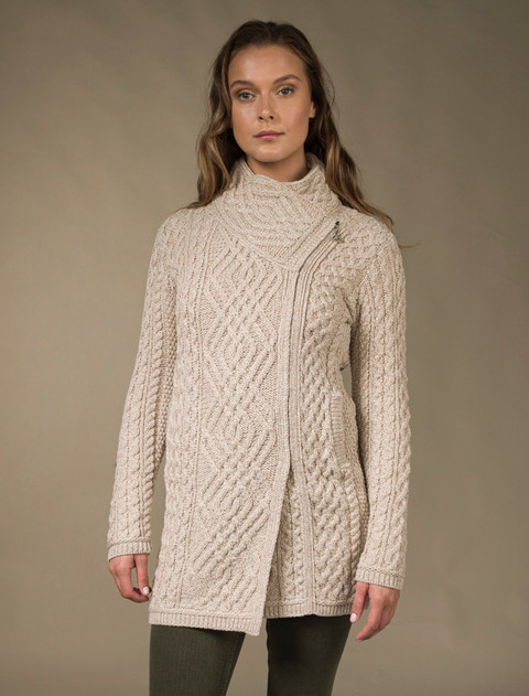Cable Knit Coatigan with Celtic Knot Side Zip - Parsnip