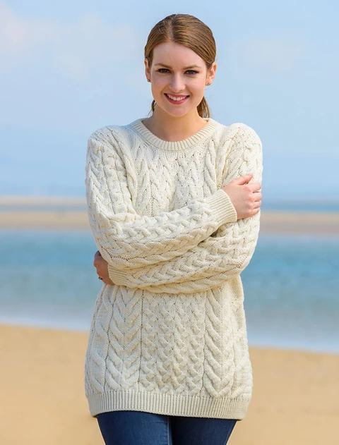 Women's Super Soft Aran Crew Neck Sweater - Classic Aran