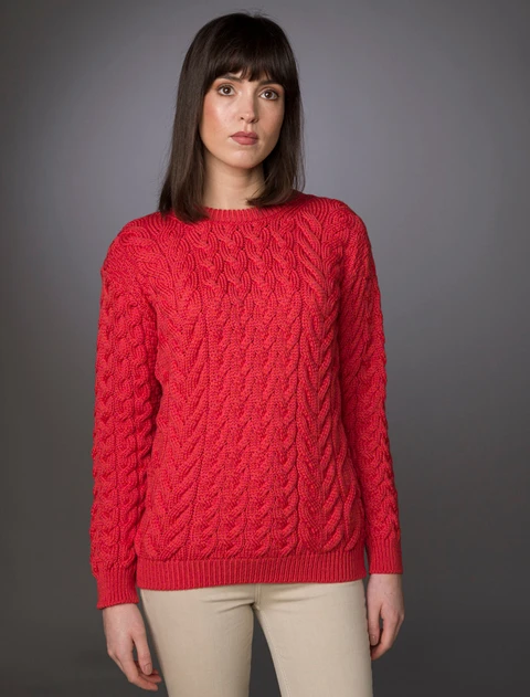 Women's Super Soft Aran Crew Neck Sweater - Coral