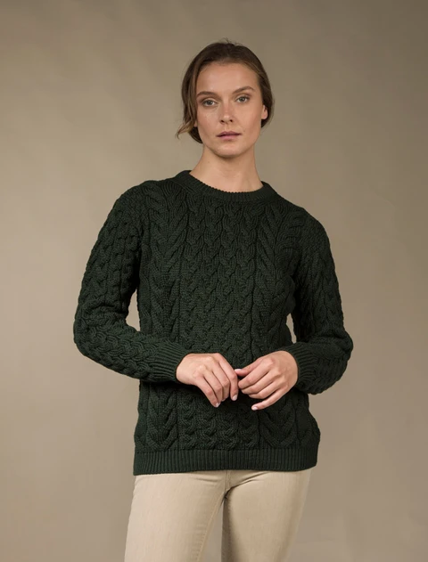 Women's Super Soft Aran Crew Neck Sweater - Seaweed Green