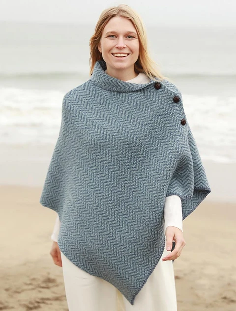 Herringbone Merino Poncho with Button Detail - Denim/Mist