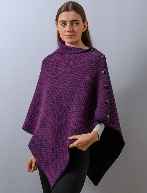 Herringbone Merino Poncho with Button Detail - Very Berry/Navy