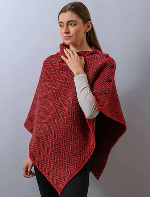 Herringbone Merino Poncho with Button Detail - Chillipepper/Army Green