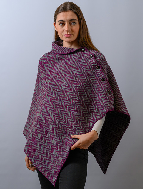 Herringbone Merino Poncho with Button Detail - Very Berry/Grey