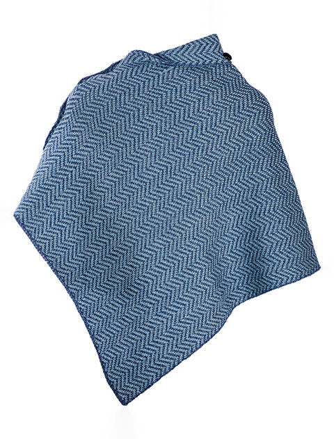 Herringbone Merino Poncho with Button Detail - Denim/Mist