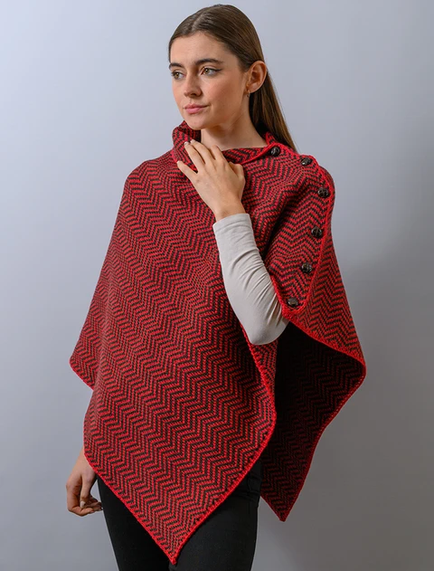 Herringbone Merino Poncho with Button Detail - Chillipepper/Army Green