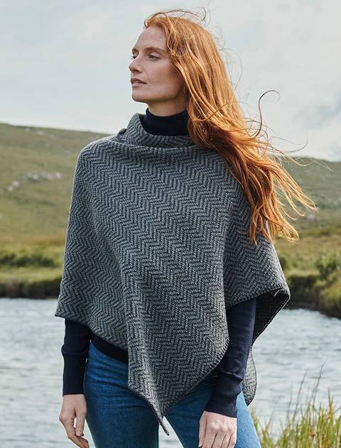 Herringbone Merino Poncho with Button Detail - Derby/Grey