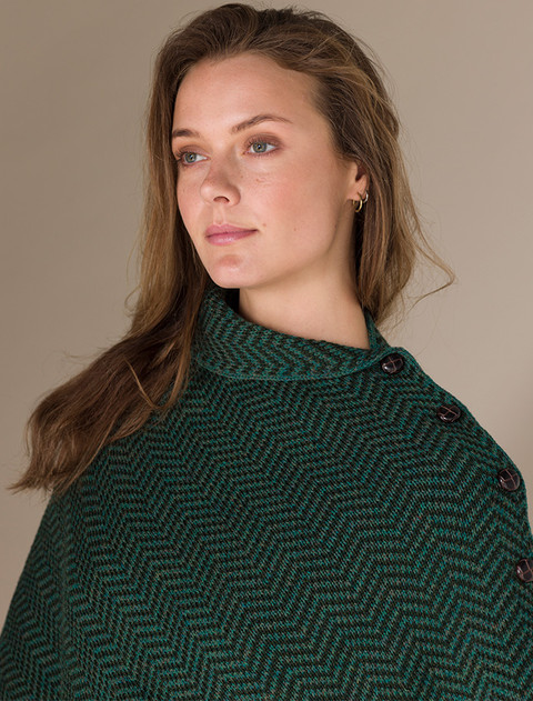 Herringbone Merino Poncho with Button Detail - Connemara/Army Green