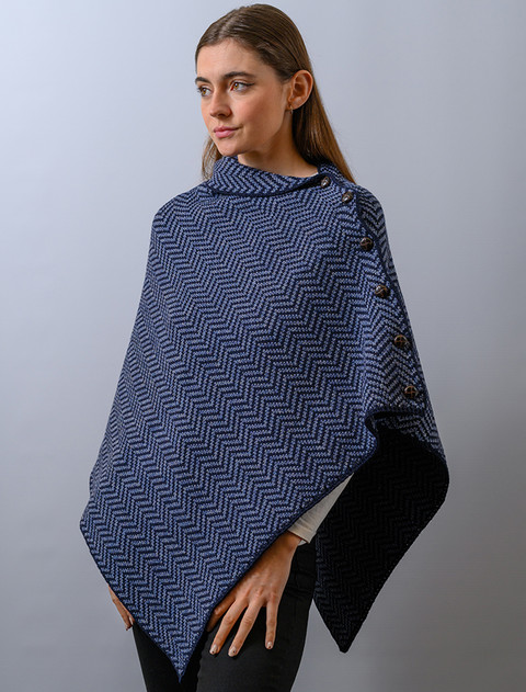 Herringbone Merino Poncho with Button Detail - Denim/Navy