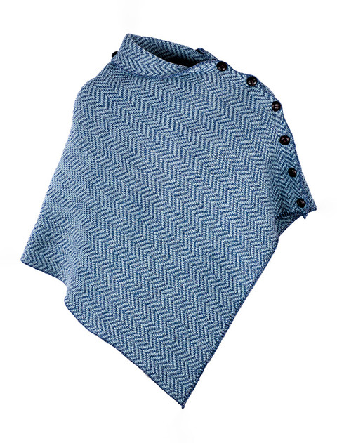 Herringbone Merino Poncho with Button Detail - Denim/Mist