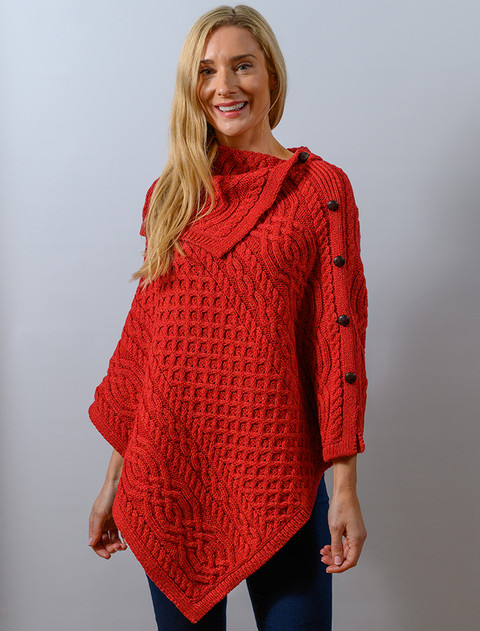 Ladies Merino Button Poncho - Red Marl