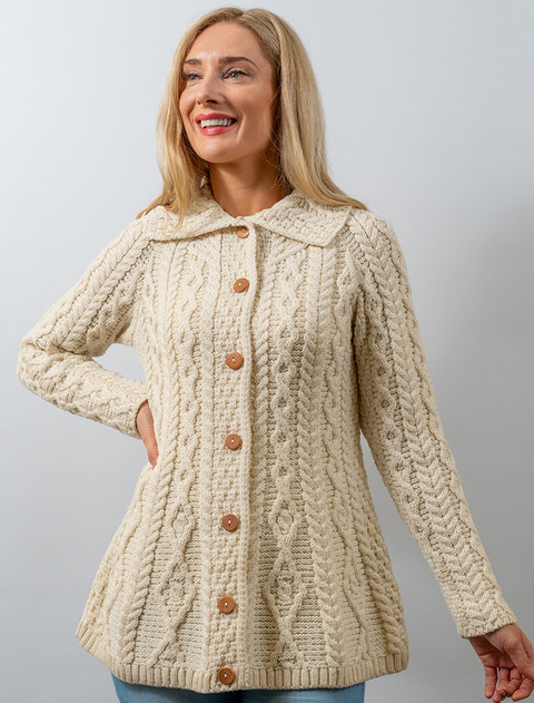Super Soft Luxury Button-Up Flared Aran Cardigan - Natural white