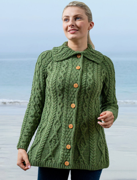 Super Soft Luxury Button-Up Flared Aran Cardigan - Meadow Green