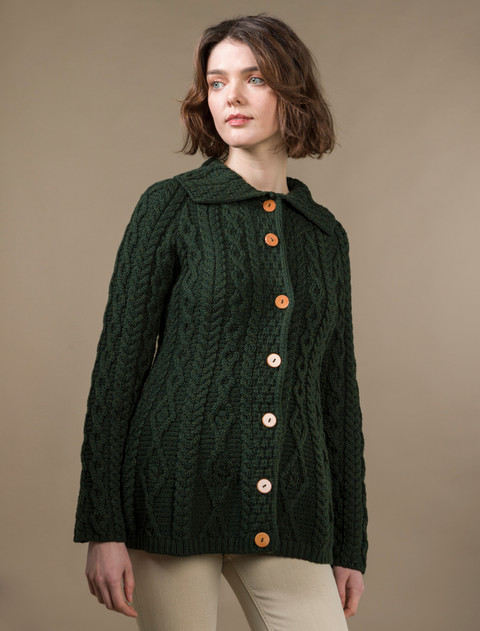 Super Soft Luxury Button-Up Flared Aran Cardigan - Seaweed