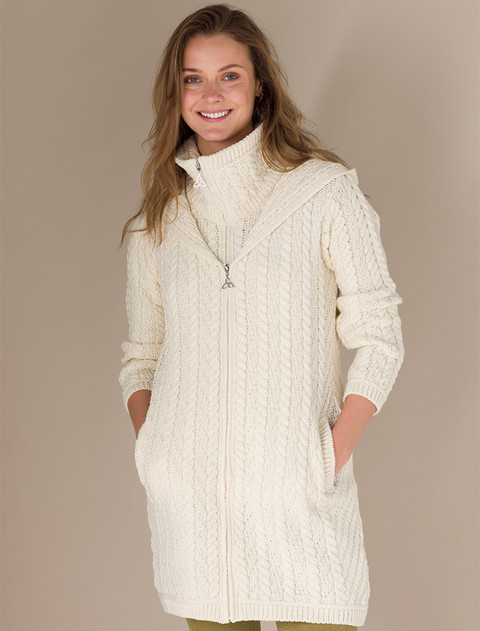 Aran Hooded Double Zip Coat - Natural White