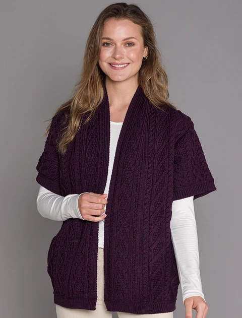 Aran Short Sleeve Edge Cardigan - Damson