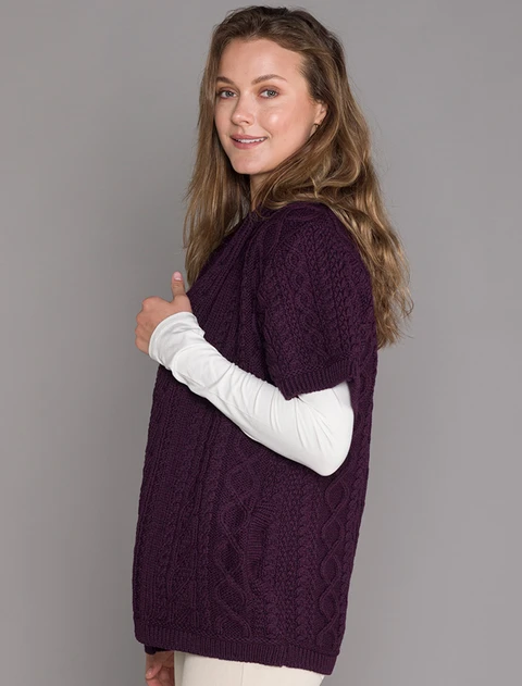 Aran Short Sleeve Edge Cardigan - Damson