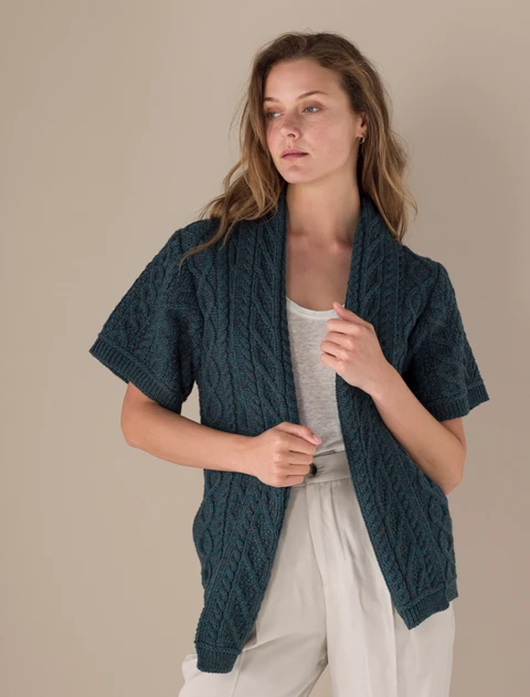 Aran Short Sleeve Edge Cardigan - Peacock