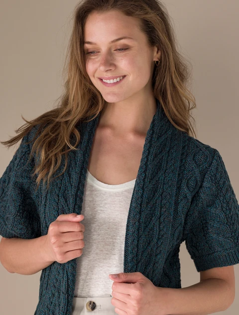 Aran Short Sleeve Edge Cardigan - Peacock
