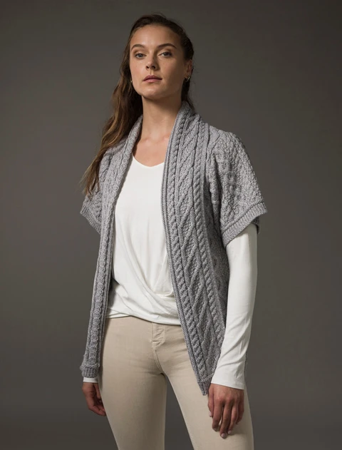 Aran Short Sleeve Edge Cardigan - Soft Grey