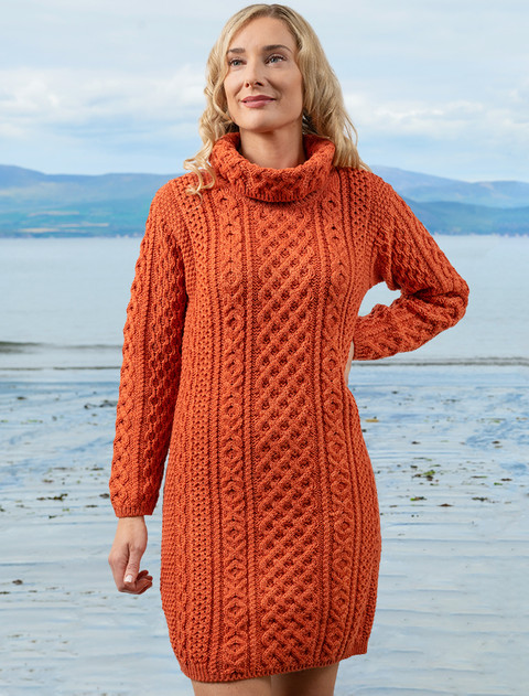 Cable Aran Dress with Cowl Neck - Autumn Leaf