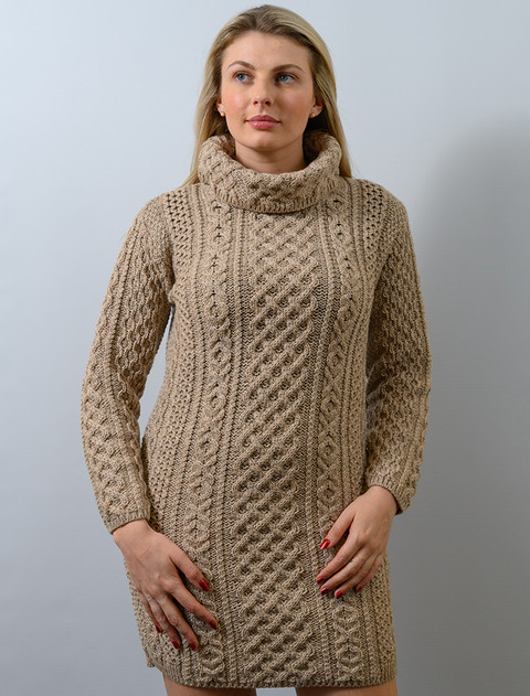 Cable Aran Dress with Cowl Neck - Wicker
