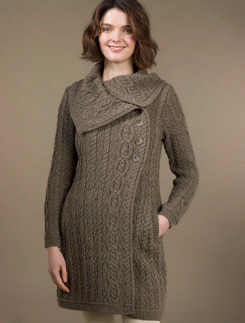 Large Collar Aran Coat - Brown