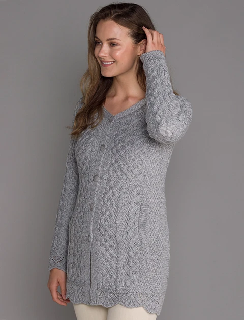 Aran A-Line Lace Cardigan - Light Grey