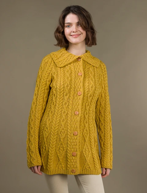 Super Soft Luxury Button-Up Flared Aran Cardigan - Yellow