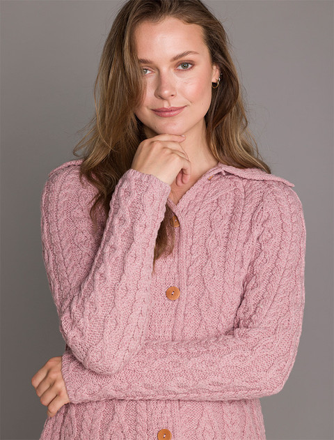 Super Soft Luxury Button-Up Flared Aran Cardigan - Winter Rose