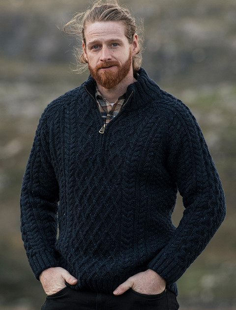 Donegal's Zip Troyer Aran Sweater - Blue