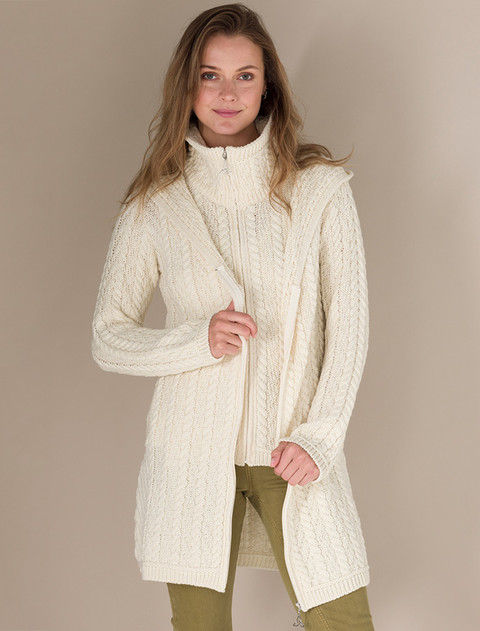 Aran Hooded Double Zip Coat - Natural White