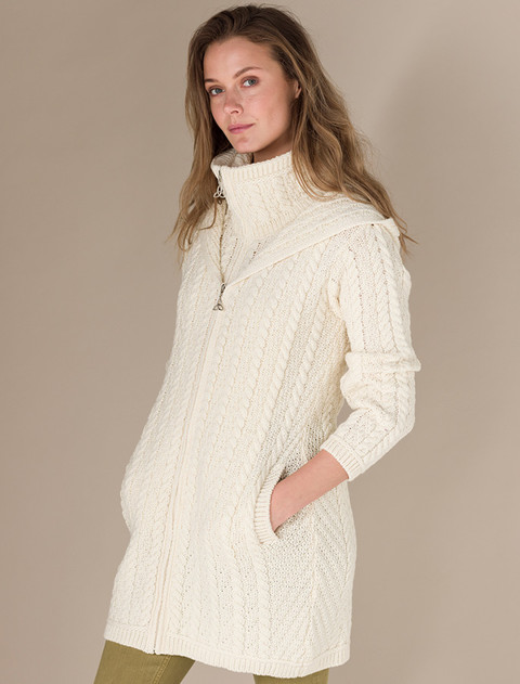 Aran Hooded Double Zip Coat - Natural White