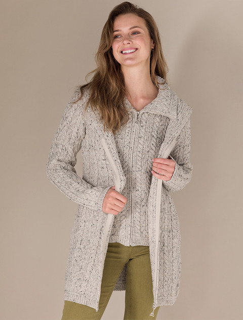 Aran Hooded Double Zip Coat - Oatmeal Nep
