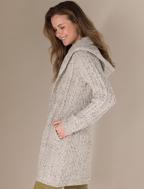 Aran Hooded Double Zip Coat - Oatmeal Nep