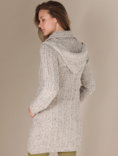 Aran Hooded Double Zip Coat - Oatmeal Nep