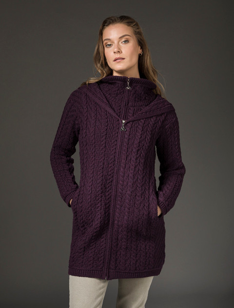 Aran Hooded Double Zip Coat - Damson