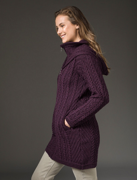 Aran Hooded Double Zip Coat - Damson