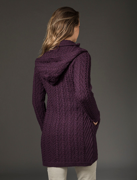 Aran Hooded Double Zip Coat - Damson