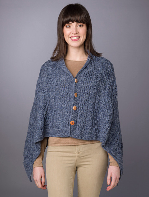 Aran Buttoned Wool Poncho - Denim
