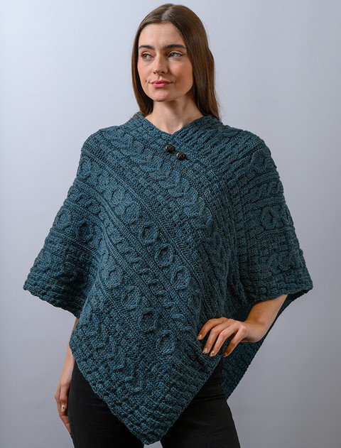 Aran Cable Wool Poncho - Mallard