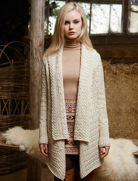 Waterfall Cable Cardigan - color: Oatmeal; type: Front
