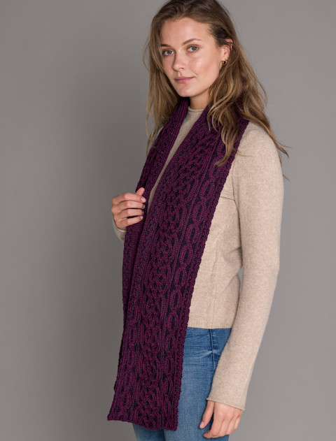 Aran Plaited Scarf - Very Berry/Navy