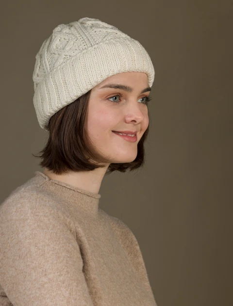 Ladies Aran Super Soft Merino Wool Hat - Natural White