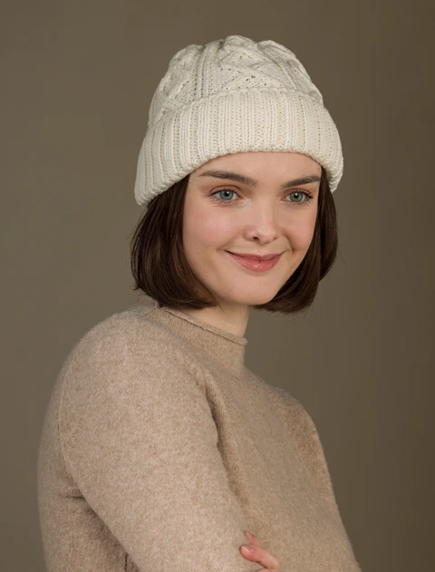 Ladies Aran Super Soft Merino Wool Hat - Natural White